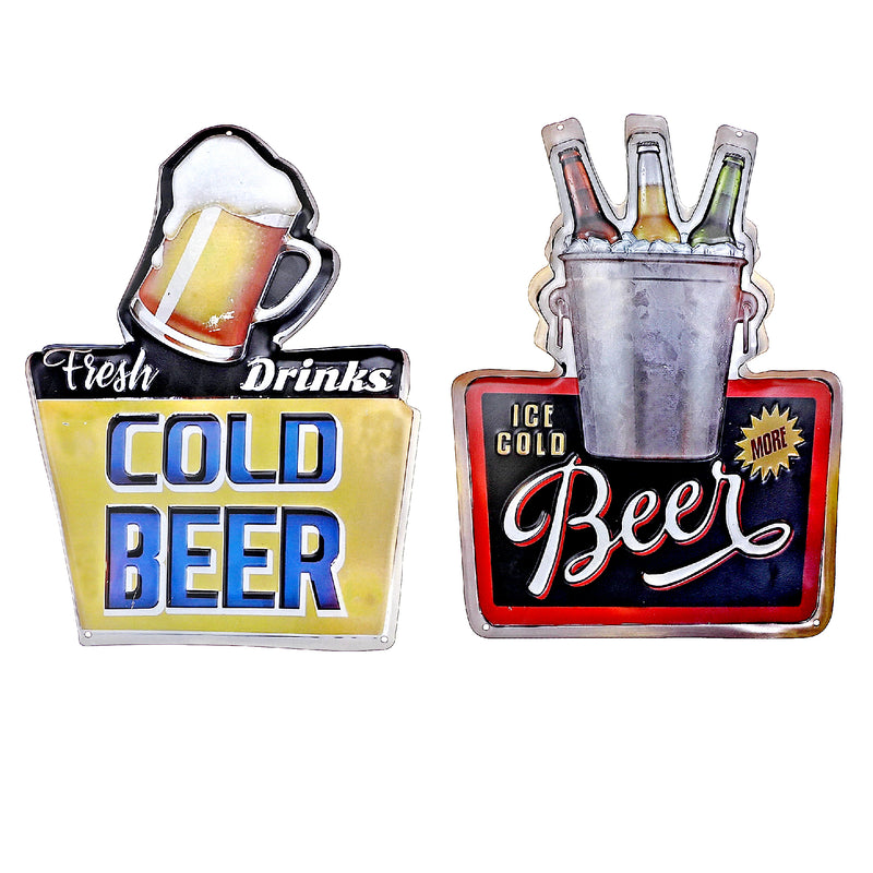 Embossed Metal Wall Sign Ice Cold Beer - Set of 2