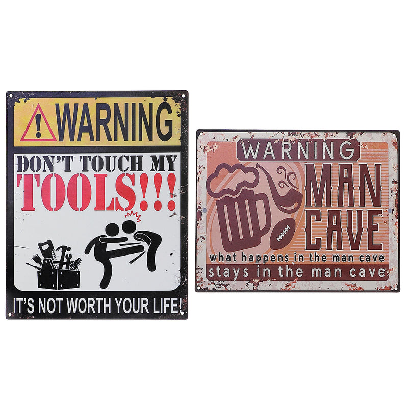 Embossed Metal Wall Sign Man Cave & Don't Touch My Tools - Set of 2