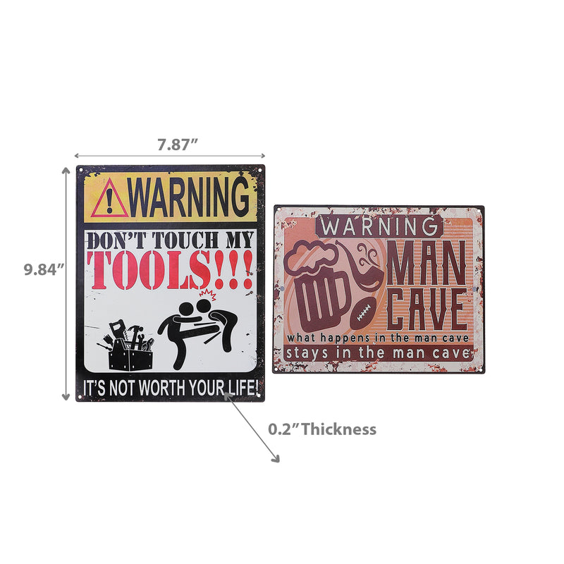 Embossed Metal Wall Sign Man Cave & Don't Touch My Tools - Set of 2