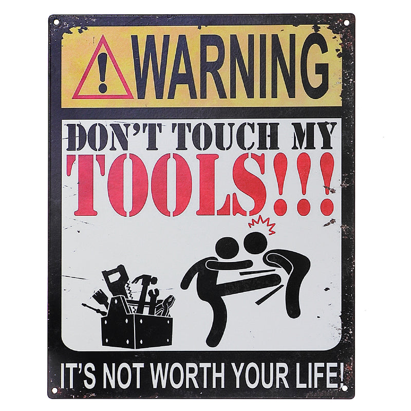 Embossed Metal Wall Sign Man Cave & Don't Touch My Tools - Set of 2