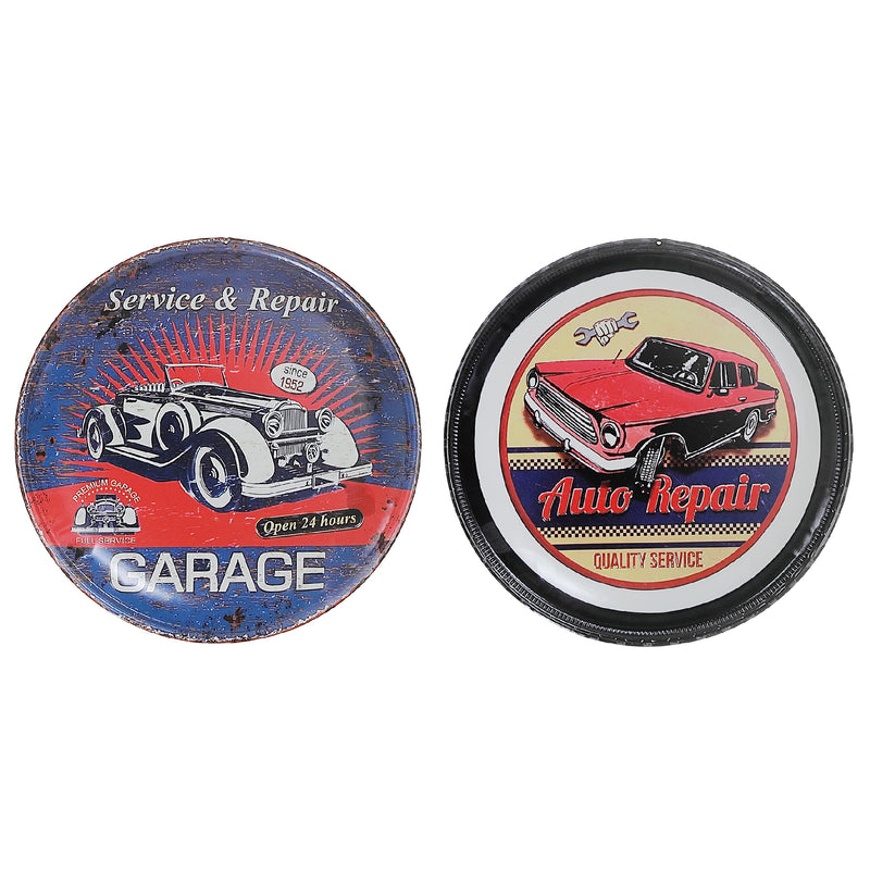 Embossed Round Metal Wall Sign Garage Auto Repair - Set of 2