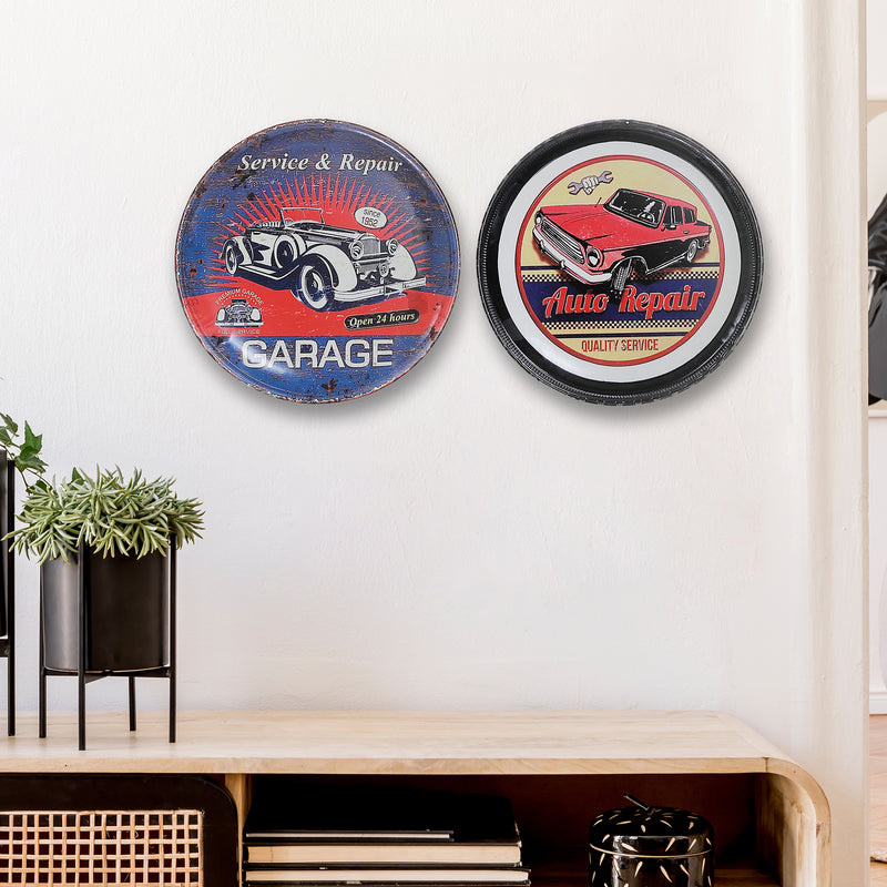 Embossed Round Metal Wall Sign Garage Auto Repair - Set of 2