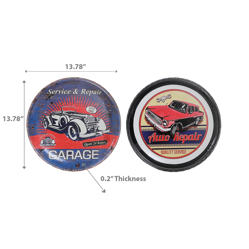 Embossed Round Metal Wall Sign Garage Auto Repair - Set of 2