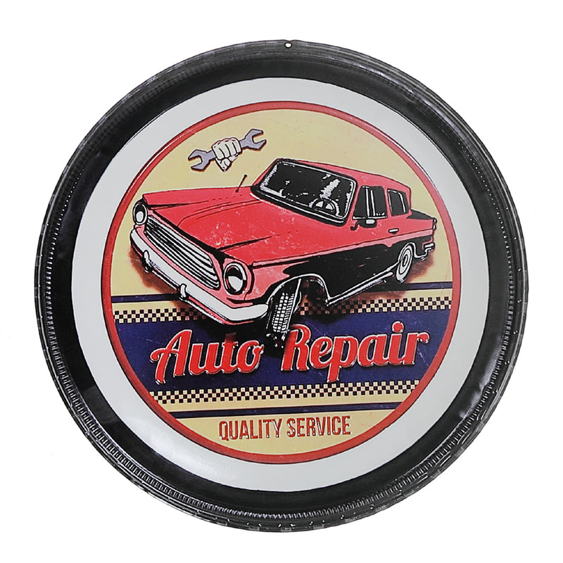 Embossed Round Metal Wall Sign Garage Auto Repair - Set of 2