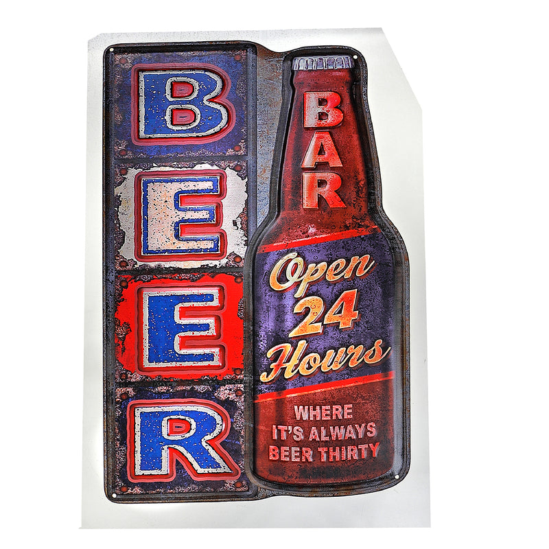 Embossed Metal Wall Sign Beer Open 24 Hours