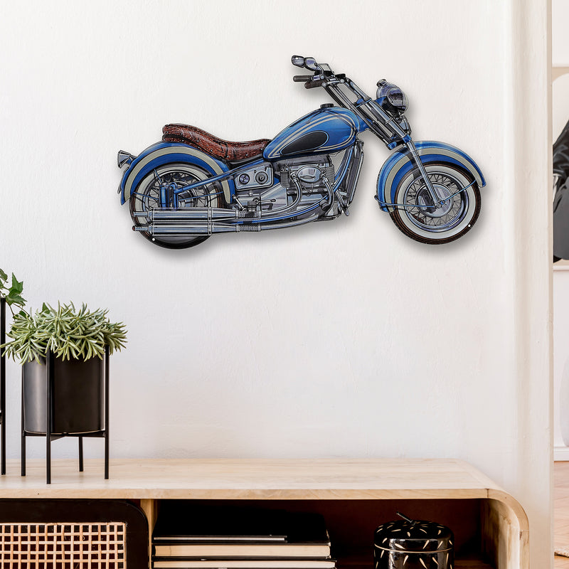 Embossed Metal Wall Sign Blue Motorcycle