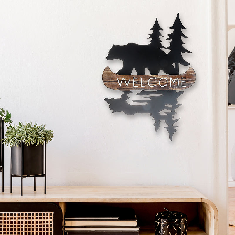 Metal Bear With Wood Welcome Canoe Wall Sign