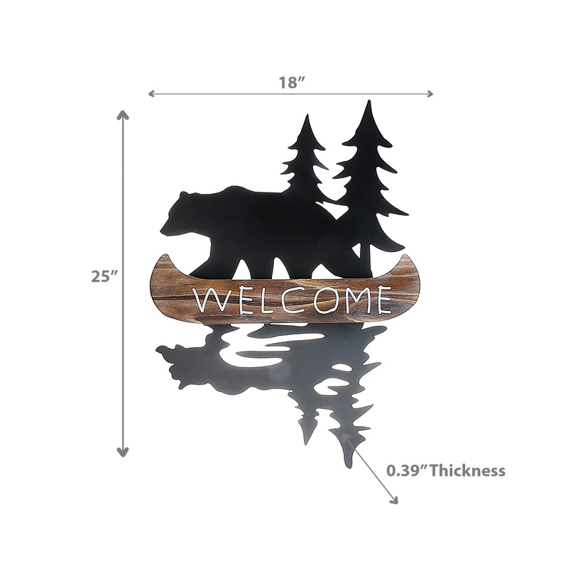 Metal Bear With Wood Welcome Canoe Wall Sign