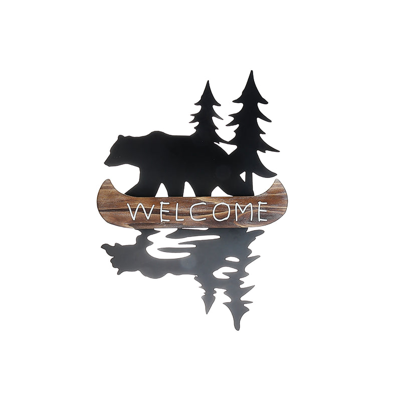 Metal Bear With Wood Welcome Canoe Wall Sign