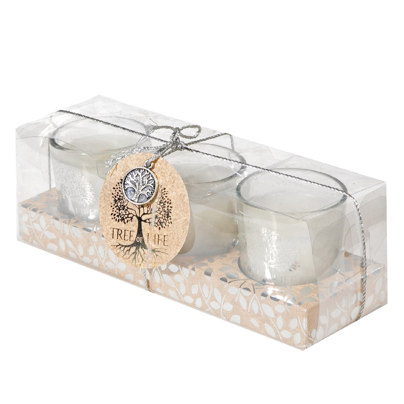 Tree Of Life Set Of 3 Candles In Short Glass In Pvc Box