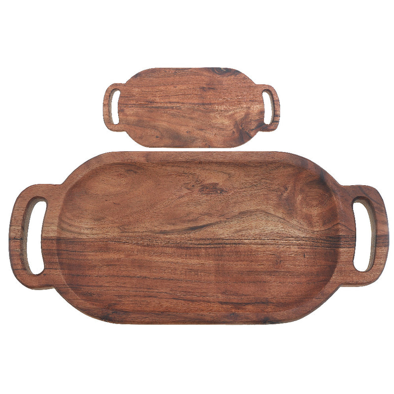 Custom Acacia Wood Oval Serving Tray With Double Handle