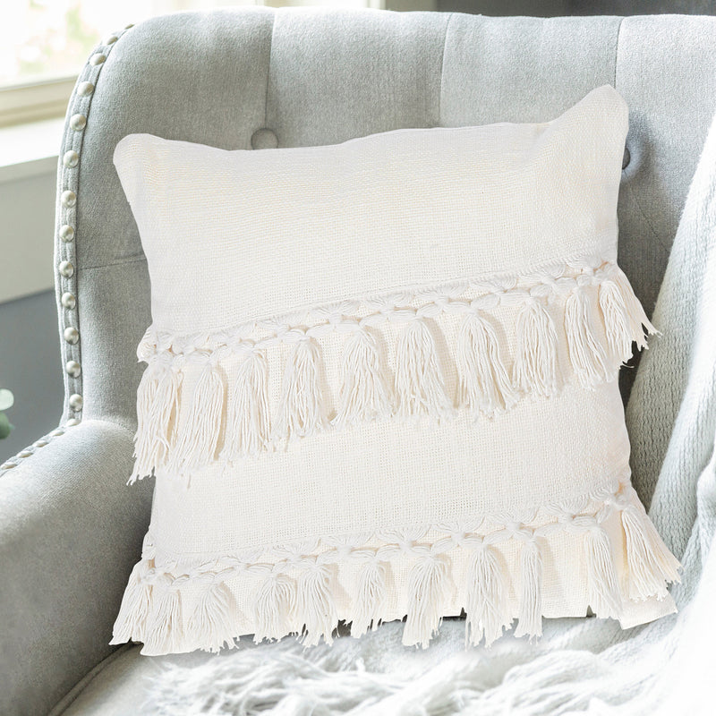 Slub Cotton Ivory Fringe Cushion Emma 18 X 18 - Set of 2