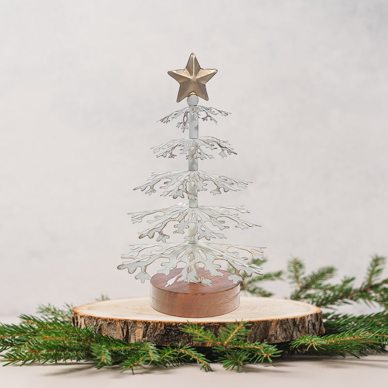 White Snowflake Tree With Acacia Base Large