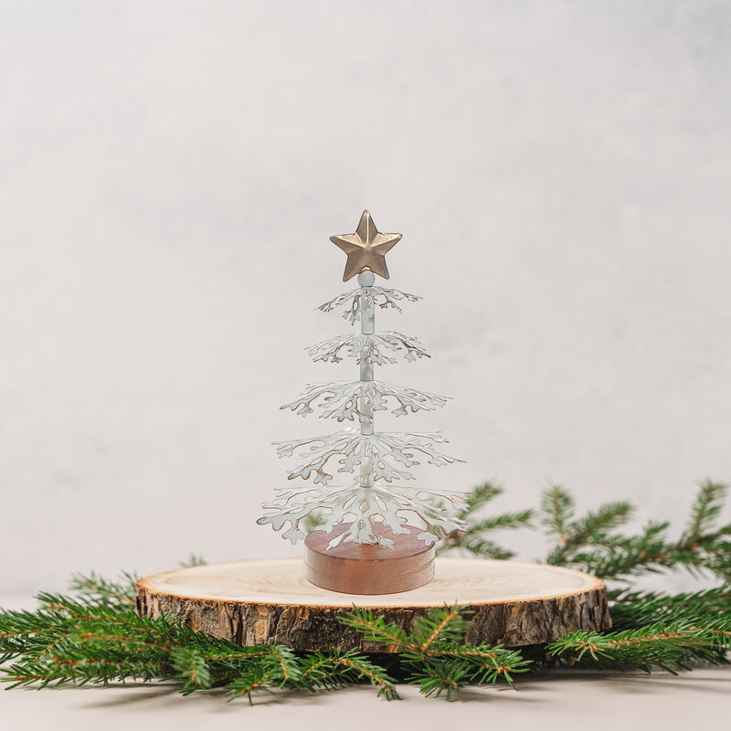 White Snowflake Tree With Acacia Base Small