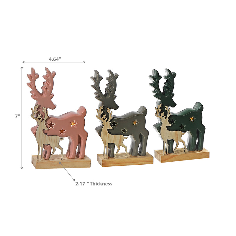 Led Deer With Wooden Stand - Set of 3