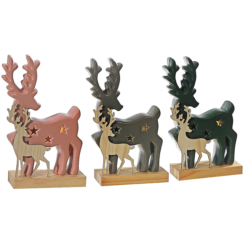 Led Deer With Wooden Stand - Set of 3