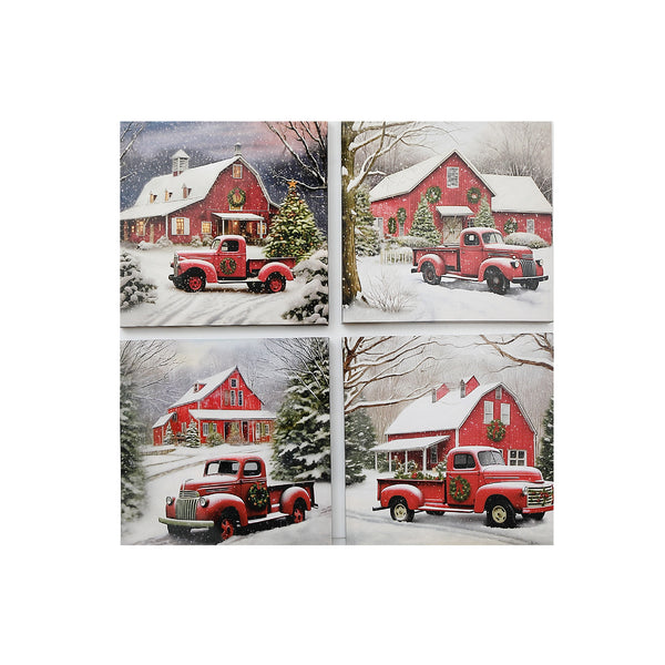 Canvas Wall Art Red Truck and House - Set of 4