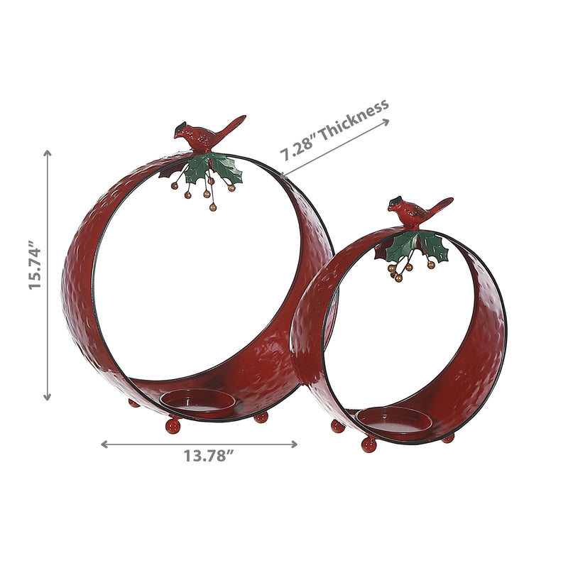 Metal Round Candle Holder With Cardinal Set Of 2