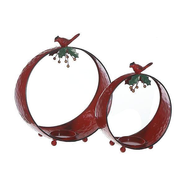 Metal Round Candle Holder With Cardinal Set Of 2