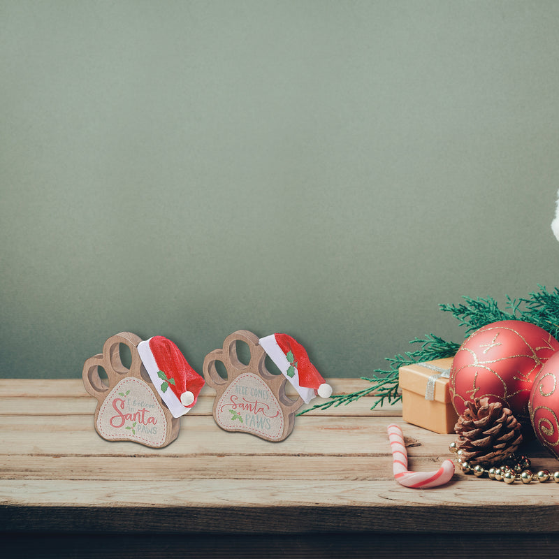 Wooden Paw With Santa Hat Table Sign - Set of 2