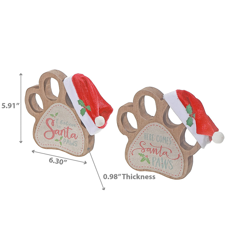 Wooden Paw With Santa Hat Table Sign - Set of 2