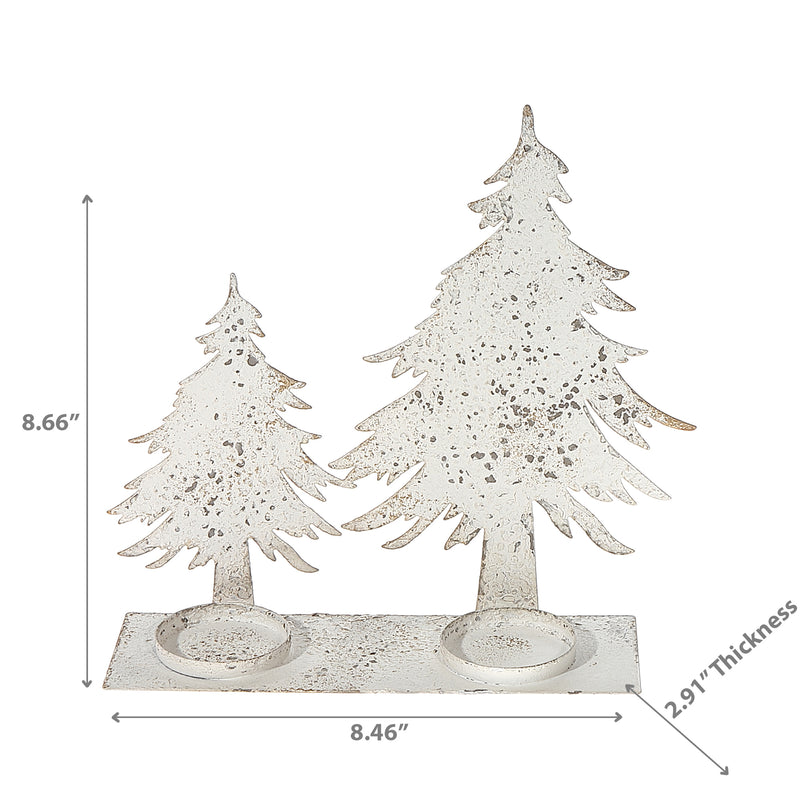 Distressed White Metal Double Tree Candleholder