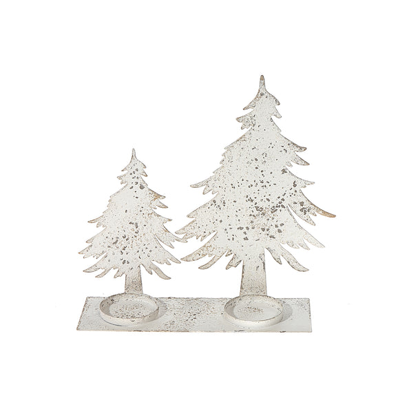 Distressed White Metal Double Tree Candleholder