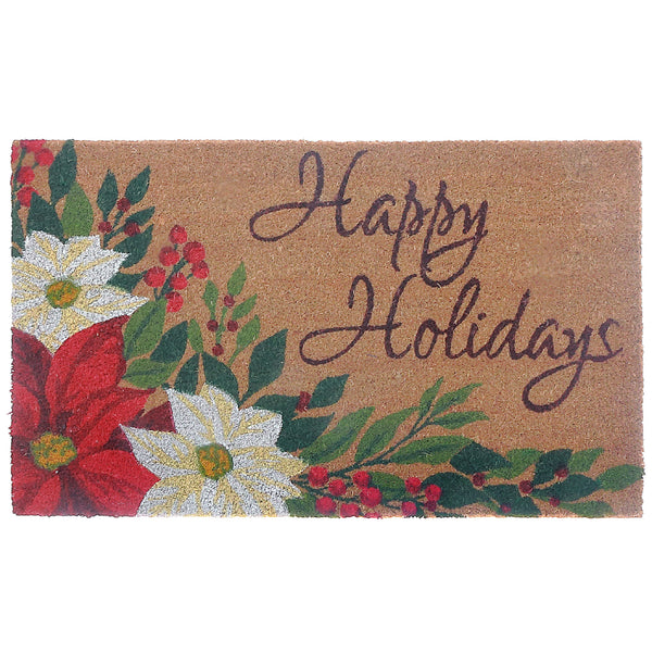 Coir Door Mat Happy Holidays Poinsettia