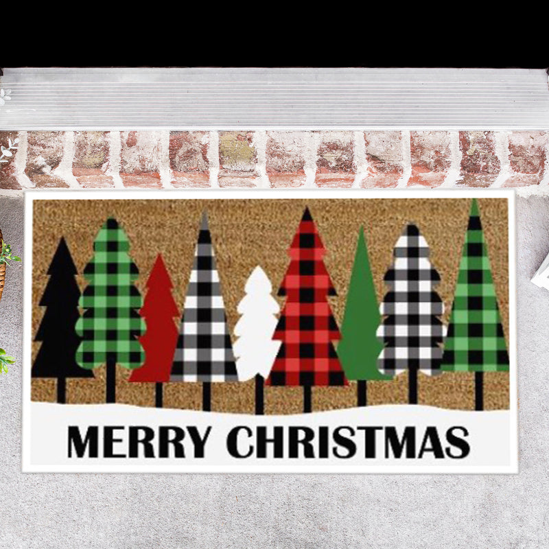 Coir Door Mat Plaid Tree - Merry Christmas