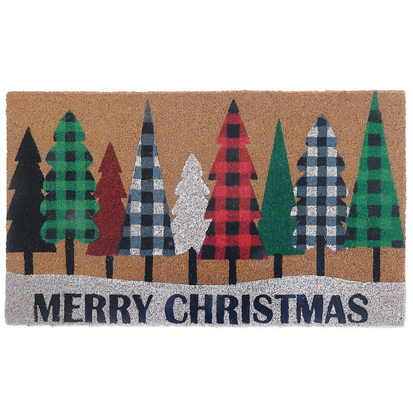 Coir Door Mat Plaid Tree - Merry Christmas