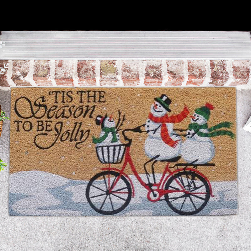 Coir Door Mat Snowman Family Bicycle