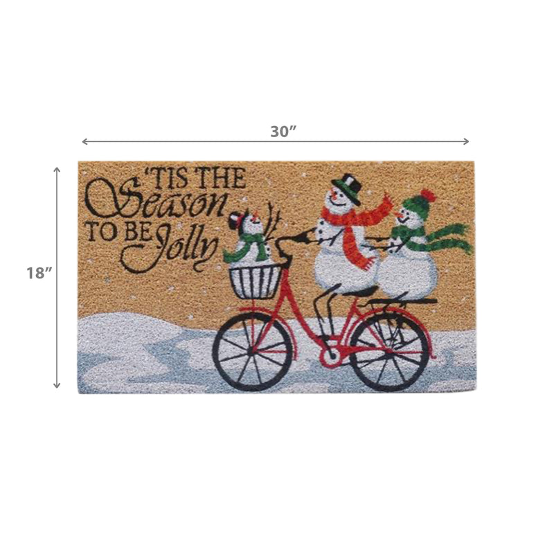 Coir Door Mat Snowman Family Bicycle