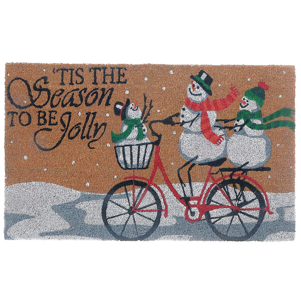 Coir Door Mat Snowman Family Bicycle