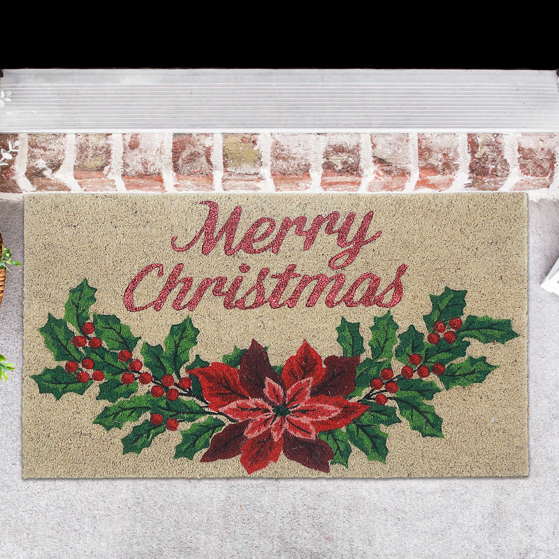 Coir Door Mat Merry Christmas Poinsettia