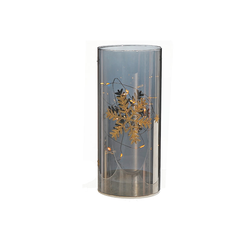 Led Cylinder Glass Stand 7.88" Gold Snowflake Large