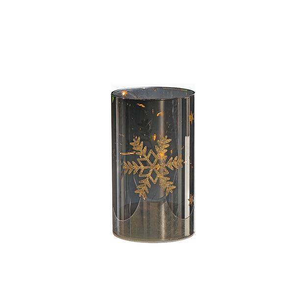 Led Cylinder Glass Stand 5.9" Gold Snowflake Small