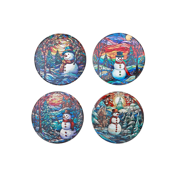 Round Ceramic Trivet Snowman - Set of 4