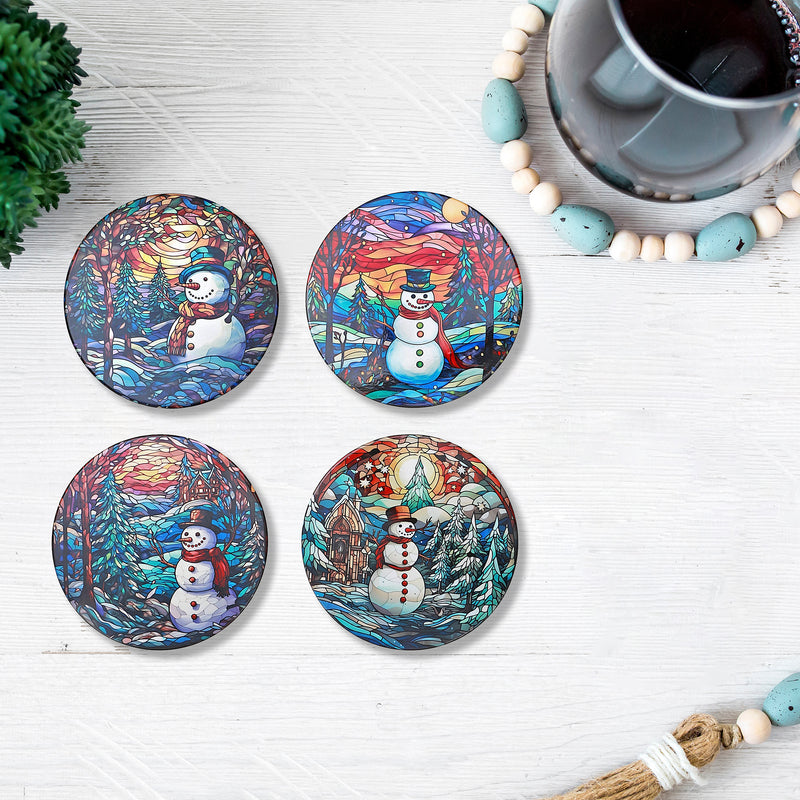 Round Ceramic Trivet Snowman - Set of 4