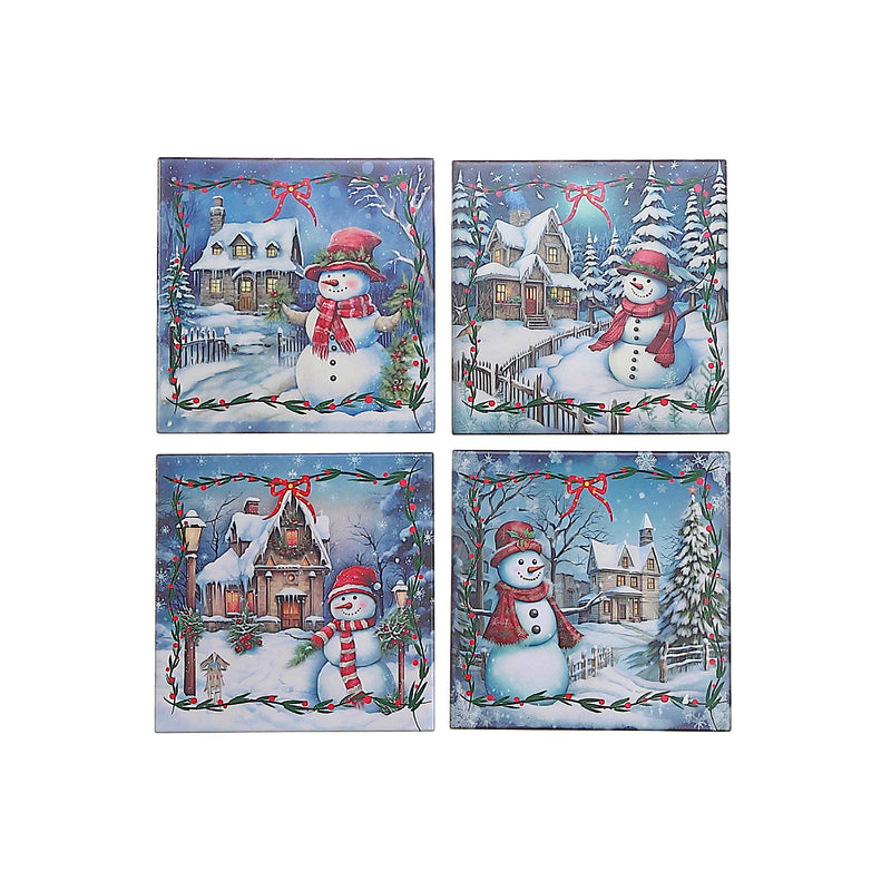 Square Ceramic Trivet Snowman - Set of 4