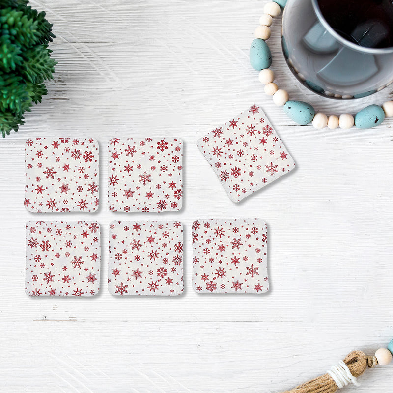 6 Pc Square Printed Coaster Red Snowflake