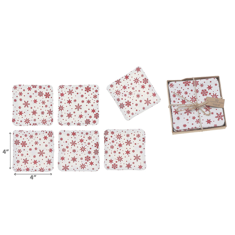 6 Pc Square Printed Coaster Red Snowflake