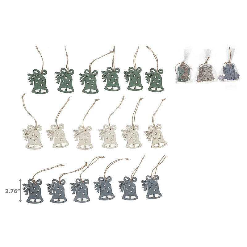 6Pk Wood Bell Shape Ornament Color - Set of 6