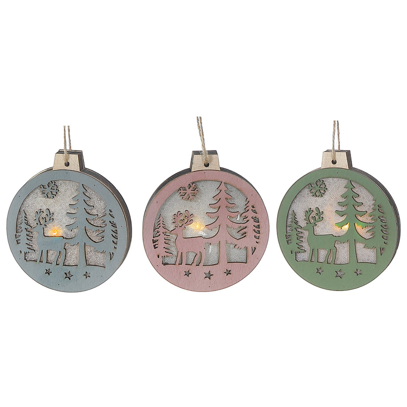 Round Wood Deer and Scenic Ornament - Set of 12