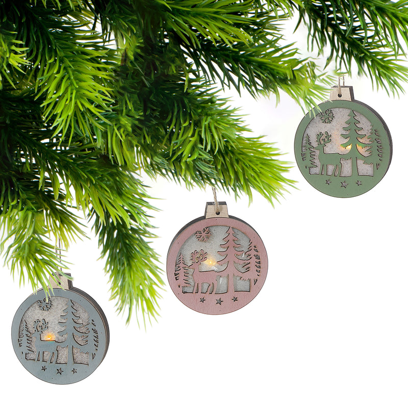 Round Wood Deer and Scenic Ornament - Set of 12