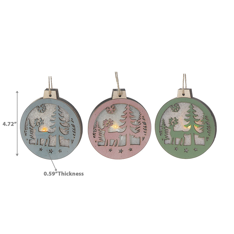 Round Wood Deer and Scenic Ornament - Set of 12