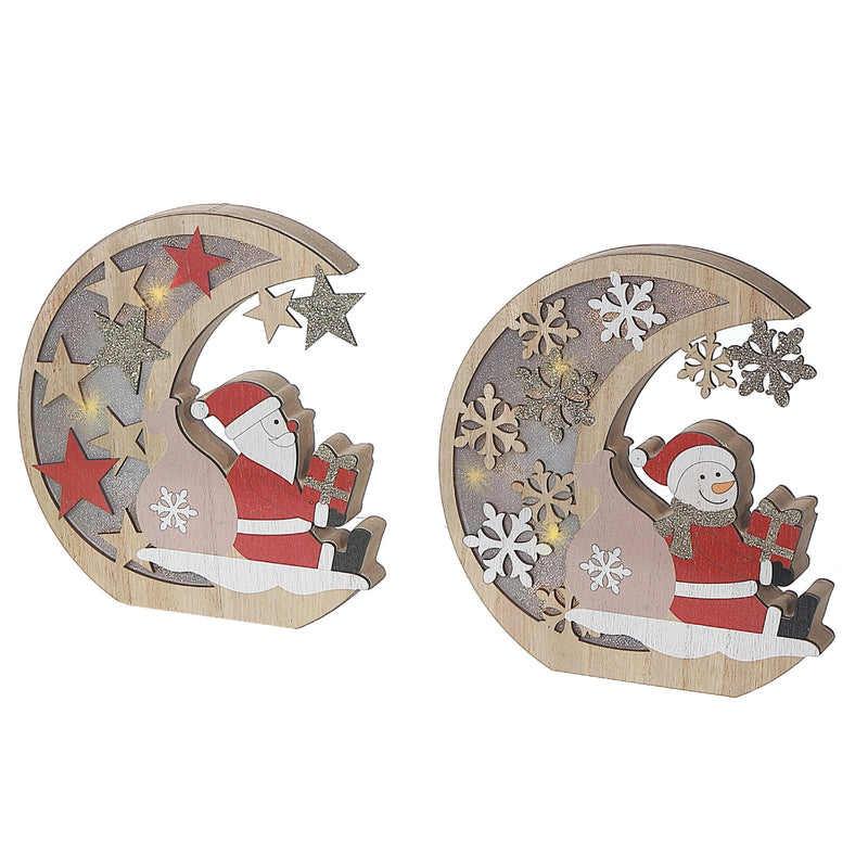 Led Wooden Half Moon With Snowman/Santa Stand - Set of 2