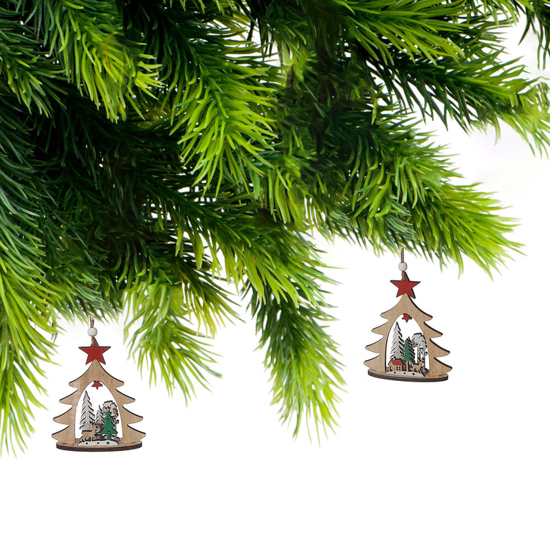 Wooden Christmas Tree Shape Ornament - Set of 12