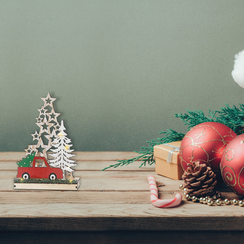 Led Wooden Star Tree And Red Truck Stand Large