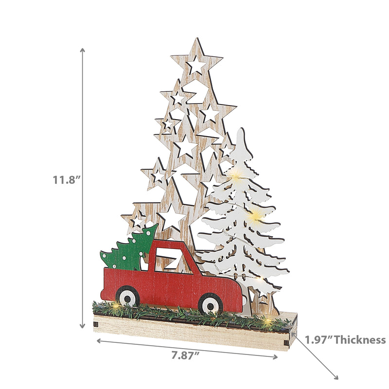 Led Wooden Star Tree And Red Truck Stand Large