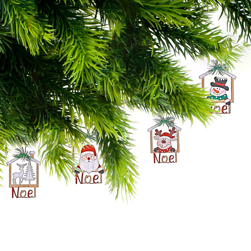 Wooden House Shape With Noel Ornament - Set of 12